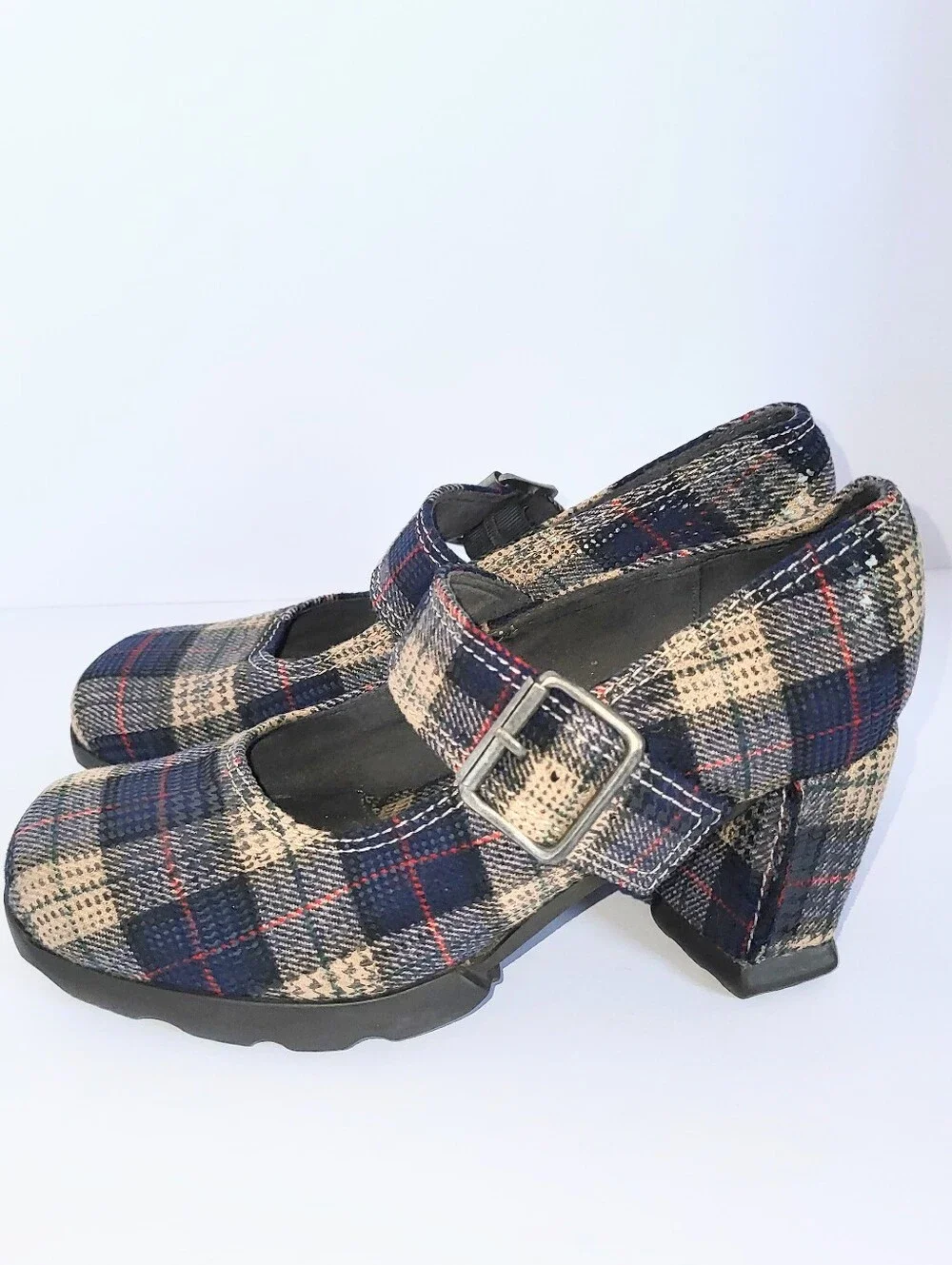 John Fluevog Benatar Blue Plaid Geometric Chunky Heel Mary Janes Size 7